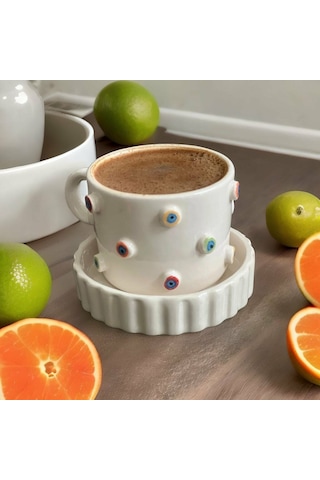 Kabartma Rengarenk Nazar Boncuklu Fincan