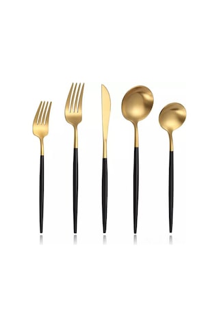 Youmex 304 Paslanmaz Çelik 5 Parça西餐 Seti - Biftek Bıçağı, Çatal, Tatlı Çatalı, Kaşık, Tatlı Kaşığı - Siyah Altın Rengi - Ev Kullanıma Uygun Altın - Siyah
