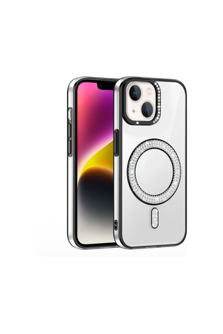 Apple Uyumlu iPhone 14 Kılıf Pırlanta Taş Tasarımlı M-safe Şarj Özellikli Zore Karetta Silikon Kapak Mavi