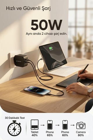 50w Çift Portlu Usb-c Girişli Akıllı Hızlı Şarj Adaptör Kablo Seti - Pd Ve Qc Destekli