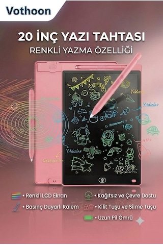 20 Inc Renkli Lcd Grafik Dijital Kalemli Çizim Tableti Yazı Tahta Not Yazma Eğitim Tableti Pembe