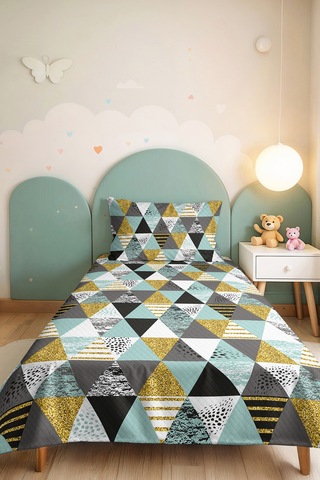 Geometrik Mint Genç Odası Tek Kişilik Pike Takımı - Sarı Gri Modern 160x220 Cm Kapitone Yatak Örtüsü Hafif Seramik Serabı