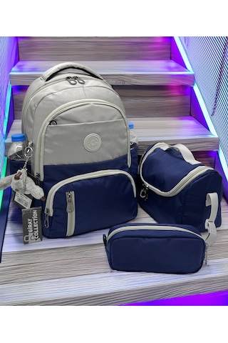 İlk Okul Çantası 3'lü Seti Unisex Çocuk İlkokul Çantası Gry-8010 Gri-lacivert Lacivert