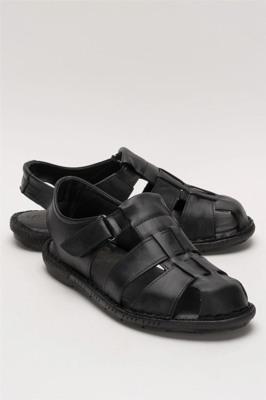 Erkek Hakiki Deri Yazlık Hafif Günlük Ayakkabı Sandalet Siyah Siyah