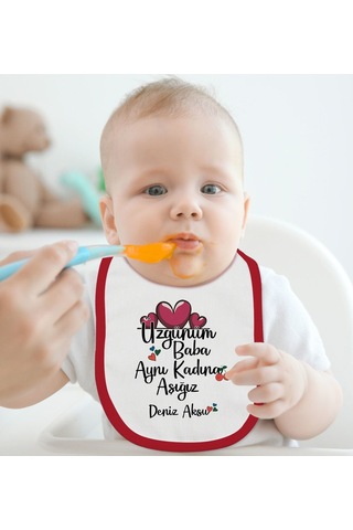 Bk Kids Kişiye Özel Aynı Kadına Aşığız Tasarımlı Kırmızı Bebek Mama Önlüğü-2 Kırmızı