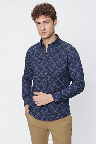 Lacivert Uzun Kol Baskılı Düğmeli Yaka Slim Fit Dar Kesim Klasik Gömlek 1004220289-lacivert Lacivert