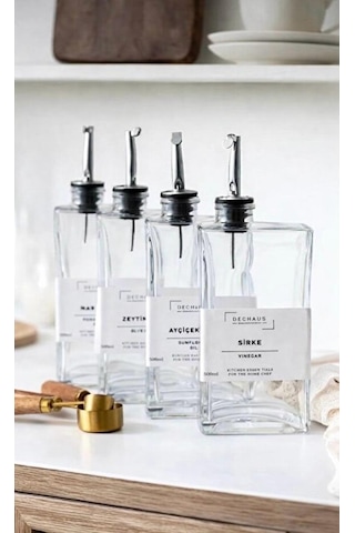 Cam Yağdanlık Seti 2 Li 500 Ml, Sızdırmaz Kapaklı, Etiketli Şişe Gümüş