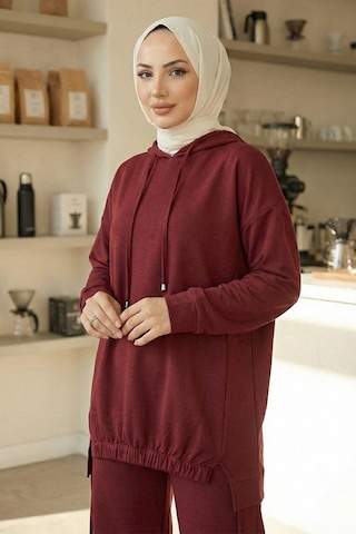 Bestenur Kapüşonlu Tunik Pantolon Takım 1682 - Bordo Bordo