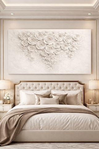 Güllü Kalp Tablo 3d Dokulu Beyaz Çiçek Duvar Dekoru, Modern Luxury Kanvas