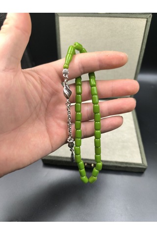Osmanlı Benzetme Çubuk Sıkma Tesbih Fıstık Yeşili, 9,5x7 Mm Gümüş