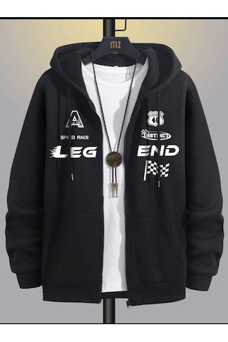 Siyah Kapşonlu Unisex Legend Fermuarlı Hırka Siyah