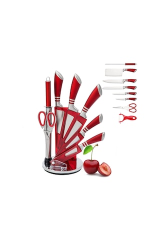 Bıçak Seti, Bileme, Makas, Sopa Paslanmaz Çelik Kırmızı İle 9 Parçalı Mutfak Bıçağı Seti Kırmızı