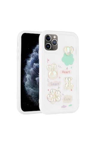Apple Uyumlu iPhone 11 Pro Max Kılıf Kabartma Figürlü Parlak Zore Toys Silikon Kapak Beyaz
