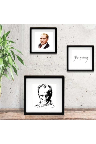 Mustafa Kemal Atatürk Tasarımlı Yapışkanlı Sök Tak Paspartulu Pola 3 'lü Çerçeve