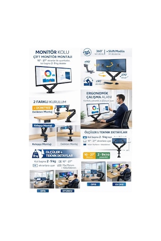 Nb F160 Çift Monitör Kolu, Gazlı Yaylı Monitör Standı, 10-27 İnç Vesa Uyumlu, 2-9 Kg Taşıma Kapasiteli, 360