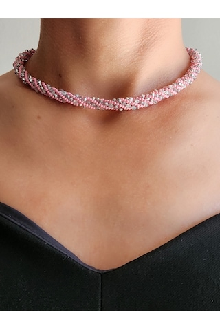 Etnik Bohem Sarmal Dönmeli Model Kristal Pembe Gümüş Taşlı Kristal Boncuk Kolye Pembe