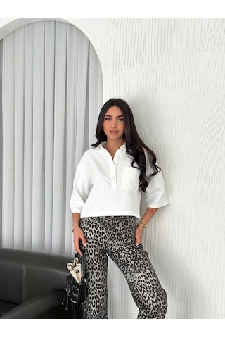 Cvs Giyim Z Krep Kadın Crop Yakalı Gömlek İlik Düğmeli Üç Çeyrek Sleeve Kol - Beyaz Beyaz
