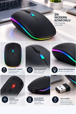 İnce Ergonomik Tasarım 2.4g Kablosuz Led Mouse Standart