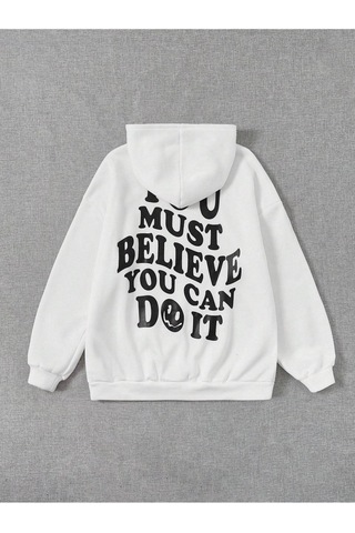 You Must Believe Sweatshirt - Beyaz Baskılı Oversize Kapüşonlu Beyaz