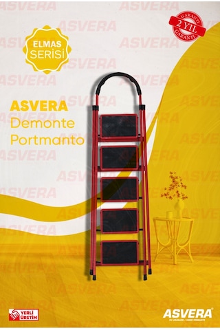Elmas Serisi Carnaval 5 Li Ev Tipi Katlanır Merdiven Kırmızı, Kaymaz, Hafif, Dayanıklı 1 Adet