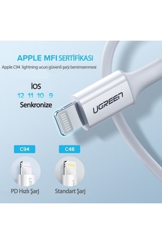 Ugreen Usb-c - Lightning 3a Pd Mfi Sertifikalı Hızlı Şarj Kablosu, 1 M, Beyaz,