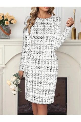 Kadın Uzun Kollu Bisiklet Yaka Desenli Dalgıç Kısa Elbise Beyaz