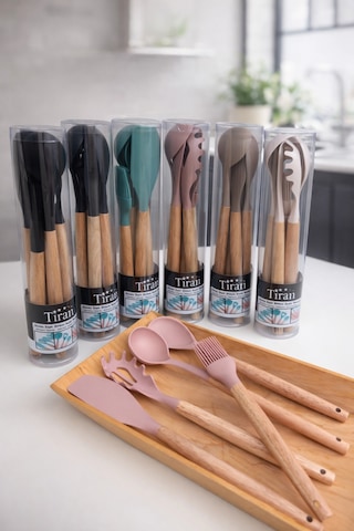 5 Parça Renkli,ahşap Saplı Silikon Mutfak Servis Seti-yanmaz Yapışmaz Kepçe Spatula Kaşık Fırça Bej