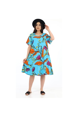 Schık Kadın Viskon Yarım Kol Kare Yaka Elbise Desenli Çok Renkli