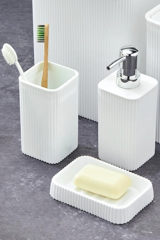 Line 3 Parça Kare Lavabo Banyo Seti - Sıvı Sabunluk Katı Sabunluk Diş Fırçası Beyaz