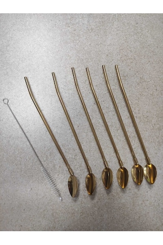 6'lı Paslanmaz Krom Pipetli Kokteyl Bar Kaşığı Ve Temizleme Fırçası, Pipetli Latte Kaşığı 22 Cm - Altınsarı