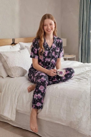 Mecit Pijama Mecit 6353 Lacivert Çiçekli Boydan Düğmeli Kadın Pijama Takımı
