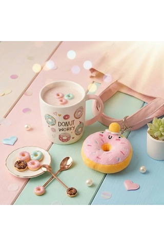 Donut Peluş Anahtarlıklı Kupa 360 Ml Pembe4