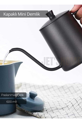 Kapaklı Demlik Paslanmaz Kahve Demliği İndüksiyon Uyumlu Çelik Demlik 600 Ml Siyah