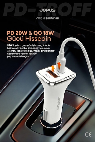 Jopus USB ve Type-C Girişli 38W Hızlı Araç Çakmaklık Şarj Aleti Başlığı Universal JO-A7
