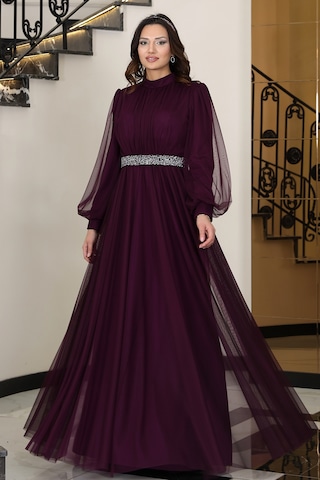 Alia Şık Taş Detaylı Büyük Beden Tesettür Abiye - Alya Mürdüm