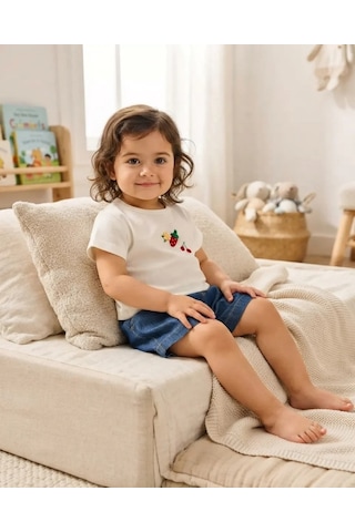 Tuffy Alt Üst Takım Kız Bebek Açık Sarı Kot Ve Beyaz Kısa Kollu İkili