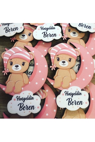 Ay Üstünde Oturan Kız Ayıcık Ahşap Baskı Magnet 30 Adet