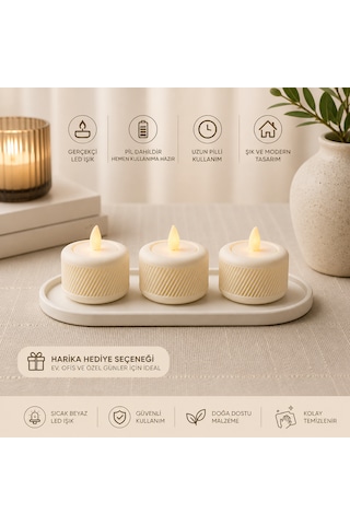 3 Lü Led Mum Seti Tealight Pilli Dekoratif Mumluk Tablalı Gerçekçi Işık Efekti Beyaz