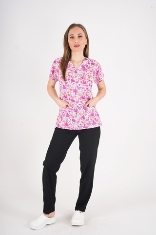 Unisex Pembe Prenses Desenli Likralı Scrubs Hemşire Doktor Hastane Üniforma Takımı Pembe