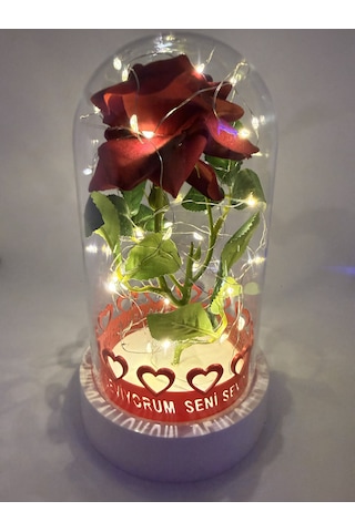 Sevgililer Günü Hediyesi - Işıklı Fanus İçinde Tek Kırmızı Gül - Işıklı Fanus 12x20 Cm Hediye Kalp Anahtarlık Ebat-12x20 Cm