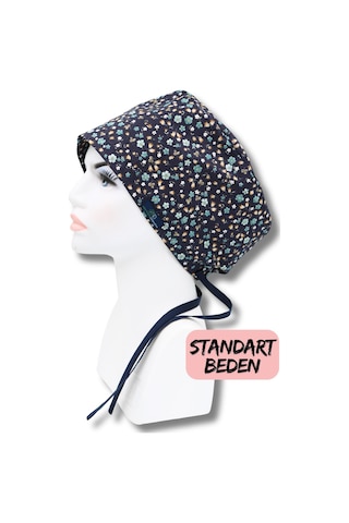 Standart Beden Lacivert Çıtır Çiçekler Cerrahi Bone Doktor Hemşire Sağlıkçı Hastane Bonesi Renkli