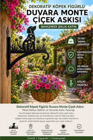 Dekoratif Köpek Figürlü Metal Duvara Monte Çiçek Askısı Lazer Kesim Saksı Askılığı Bahçe, Balkon Ve Veranda Dekoru Siyah