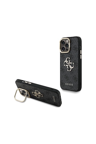 Apple iPhone 13 Pro Max Uyumlu Kılıf Guess Lisanslı Metal 4g Ve Yazı Logolu Kamera Standlı Kapak Siyah