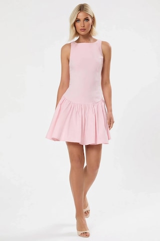 Benerly Kadın Kolsuz Kayık Yaka Skater Mini Elbise %100 Pamuk Gabardin Do Pembe