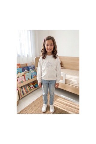 Deniva Kids Kız Çocuk Ekru Çiçek Nakışlı Payet Detaylı Pamuklu Bisiklet Yaka Sweatshirt BEYAZ