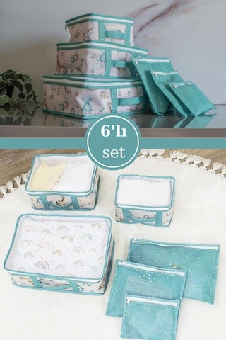 Onikiden 6 Lı Bebek Doğum Çanta Seti, Çok Kullanışlı Düzenleyici Seyahat 6 Lı Set Mavi Beyaz - Mavi