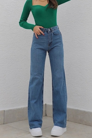 Orta Mavi Likralı Süper Yüksek Bel Salaş Jeans Palazzo Pantolon Orta Mavi