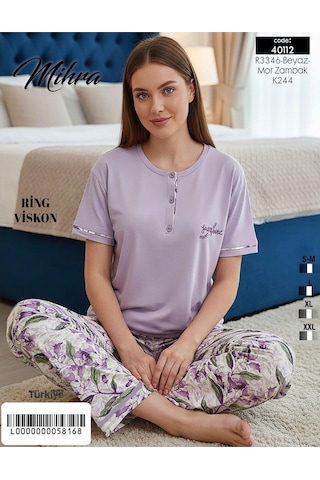Mihra Kadın Ring Viskon Düğmeli Yaka Kısa Kol Likralı Pijama Takımı 40112m - 1 Adet Mor