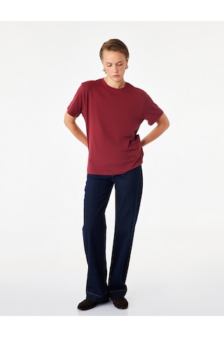 Koton Pamuklu Kısa Kollu Bisiklet Yaka Oversize Basic Tişört Bordo 7wak50007ek
