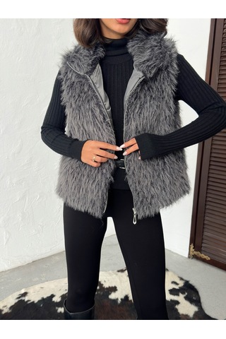 Verymoda Yapay Kürk Kadın Yelek Fermuarlı, Yumuşak Dokulu I Vmf2046 Gri